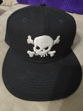 Black Snapback Hat with White Skull Embroidery